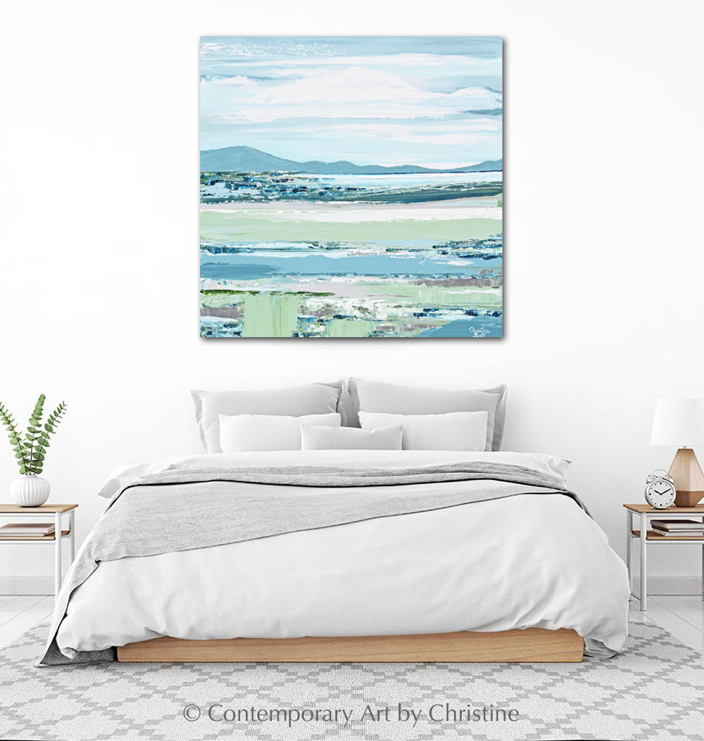 Load image into Gallery viewer, &amp;quot;Your Happy Place&amp;quot; ORIGINAL Art Coastal Abstract Painting Textured Landscape Blue Green Hills Seascape Lake 30x30&amp;quot;
