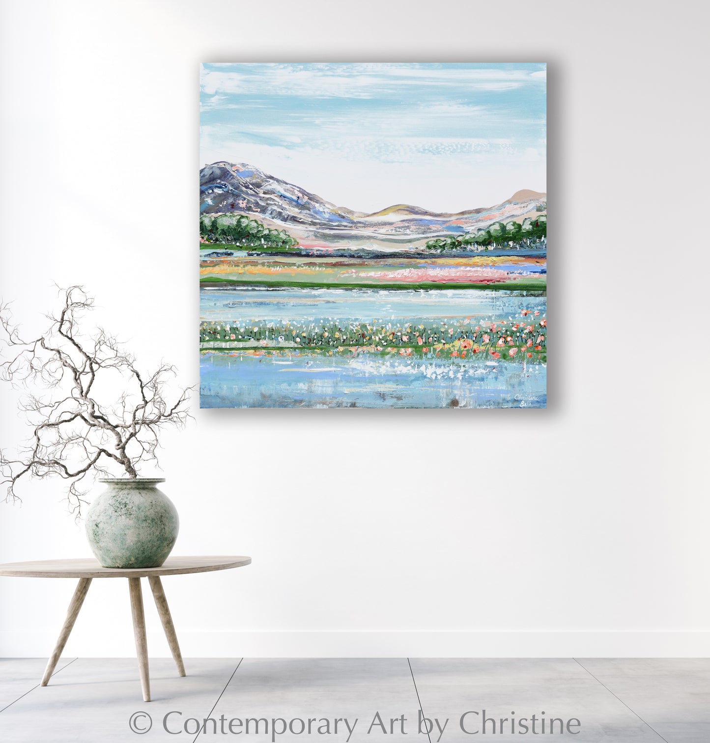 Load image into Gallery viewer, &amp;quot;A Place of Joy&amp;quot; ORIGINAL Art Abstract Landscape Painting Impressionist Mountains Meadow Field Lake Poppies Flowers Blue Green Palette Knife 30x30&amp;quot;
