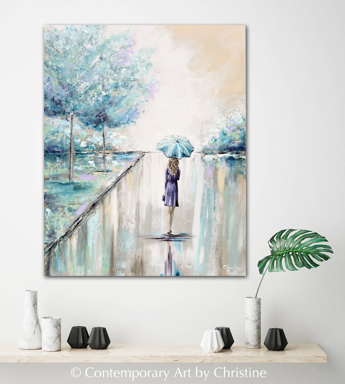 Load image into Gallery viewer, &amp;quot;Ready for the World&amp;quot; ORIGINAL Art Painting Woman with Blue Umbrella Trees Park Textured Cityscape 24x30&amp;quot;
