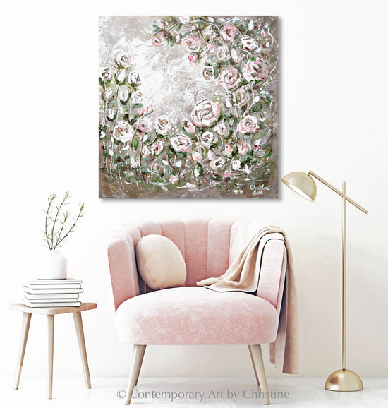 "Petites Fleurs" ORIGINAL Art Abstract Floral Pink Flowers Painting Textured Expressionist Roses Garden Wall Decor 20x20"