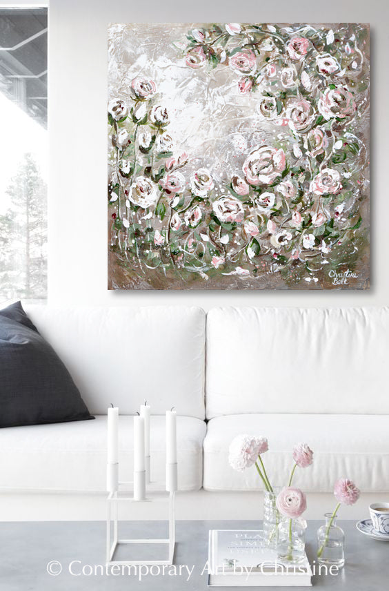 Load image into Gallery viewer, &amp;quot;Petites Fleurs&amp;quot; ORIGINAL Art Abstract Floral Pink Flowers Painting Textured Expressionist Roses Garden Wall Decor 20x20&amp;quot;
