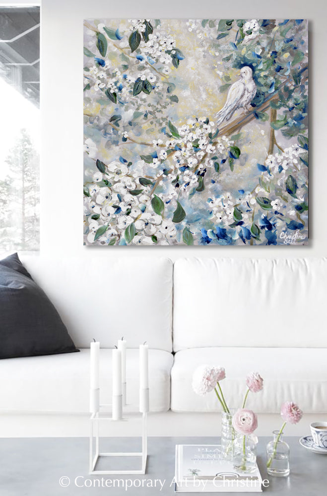 ORIGINAL Art Abstract Floral Painting White Peace Dove Flowers Decor –  Contemporary Art by Christine