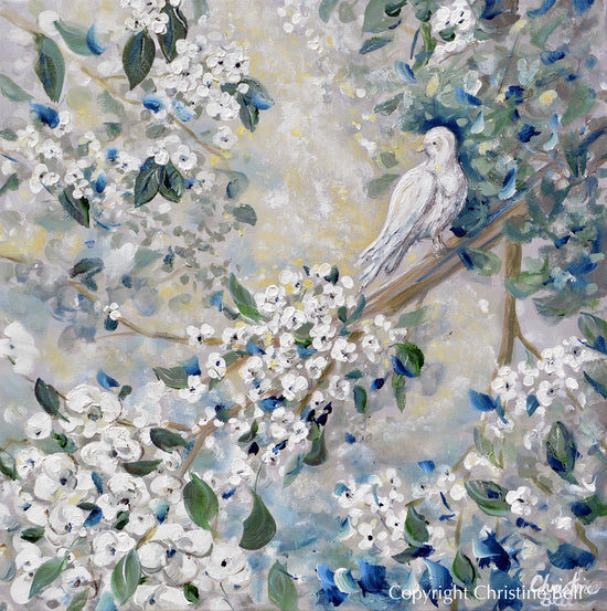 "Pure Peace" ORIGINAL Art Abstract Floral Flowers Painting White Cherry Blossoms White Dove 24x24"