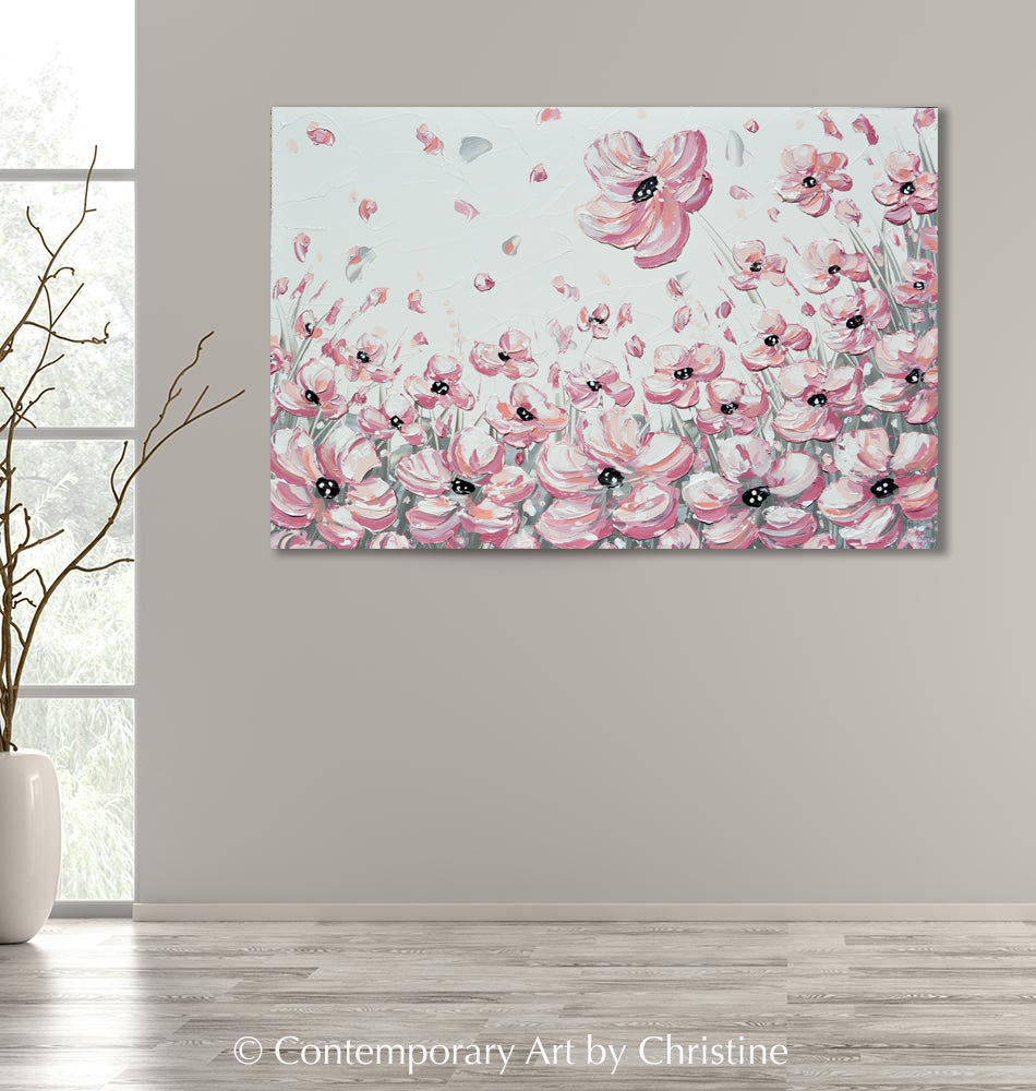 "Poppies of Pink" ORIGINAL Art Abstract Floral Pink Flowers Painting Textured Poppies Field Palette Knife Wall Decor 36x24"