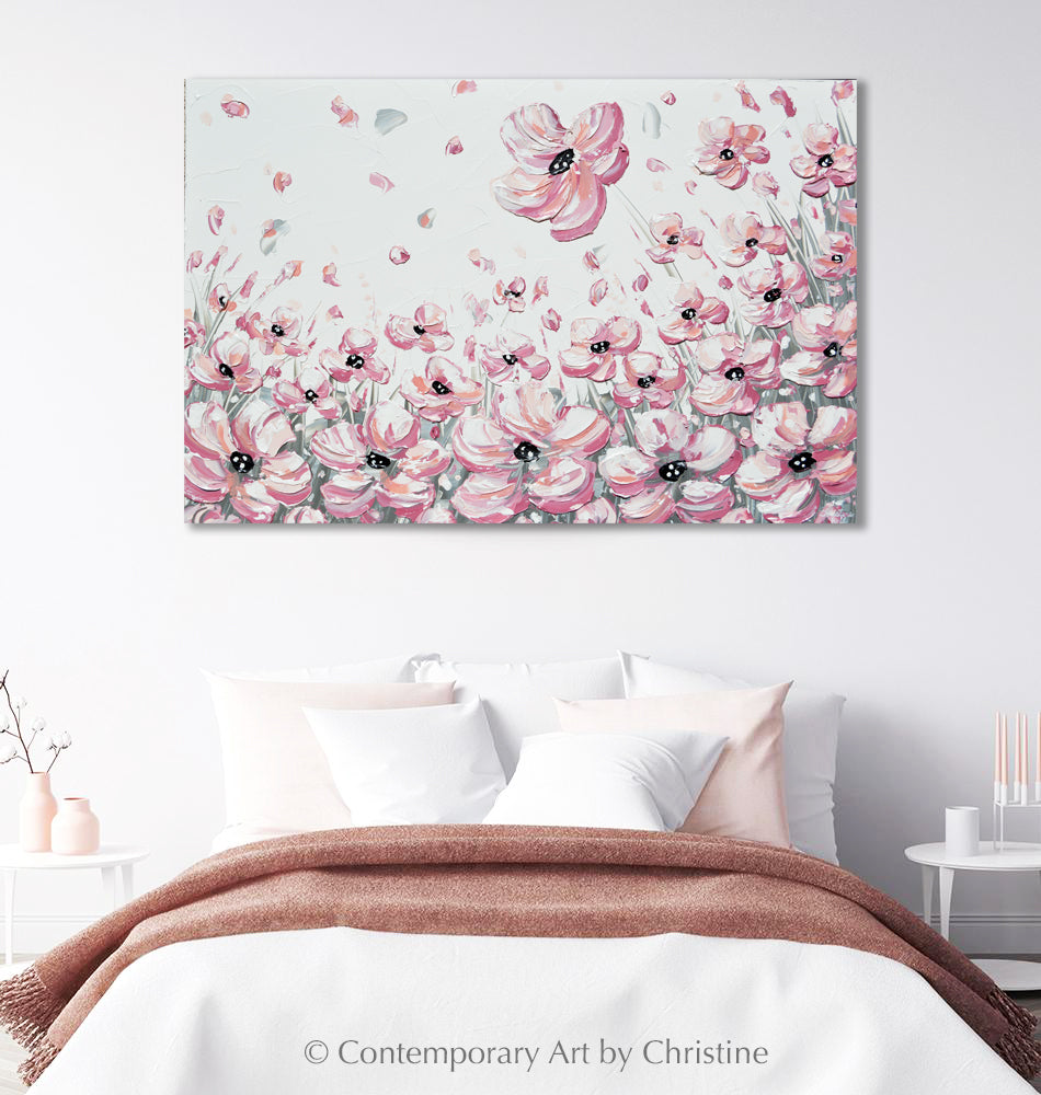 "Poppies of Pink" ORIGINAL Art Abstract Floral Pink Flowers Painting Textured Poppies Field Palette Knife Wall Decor 36x24"