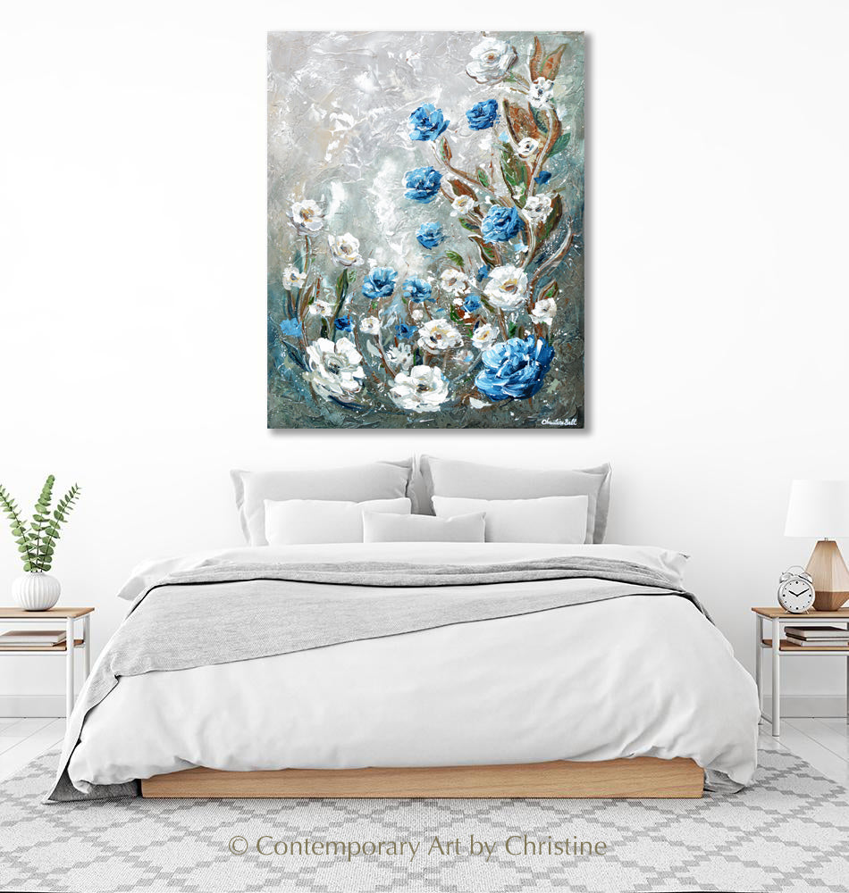"Blossoming Elegance" ORIGINAL Art Abstract Floral Flowers Painting Impressionist Blue White Wall Decor 24x30"