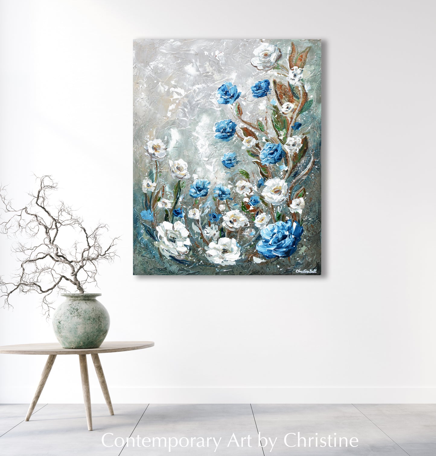 "Blossoming Elegance" ORIGINAL Art Abstract Floral Flowers Painting Impressionist Blue White Wall Decor 24x30"