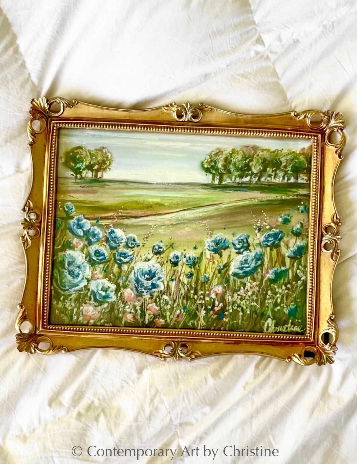 Load image into Gallery viewer, &amp;quot;My Wildflower Field&amp;quot; FRAMED ORIGINAL Art Landscape Oil Painting Modern Impressionism Blue Green Floral Vintage Gold Frame 18x15&amp;quot;
