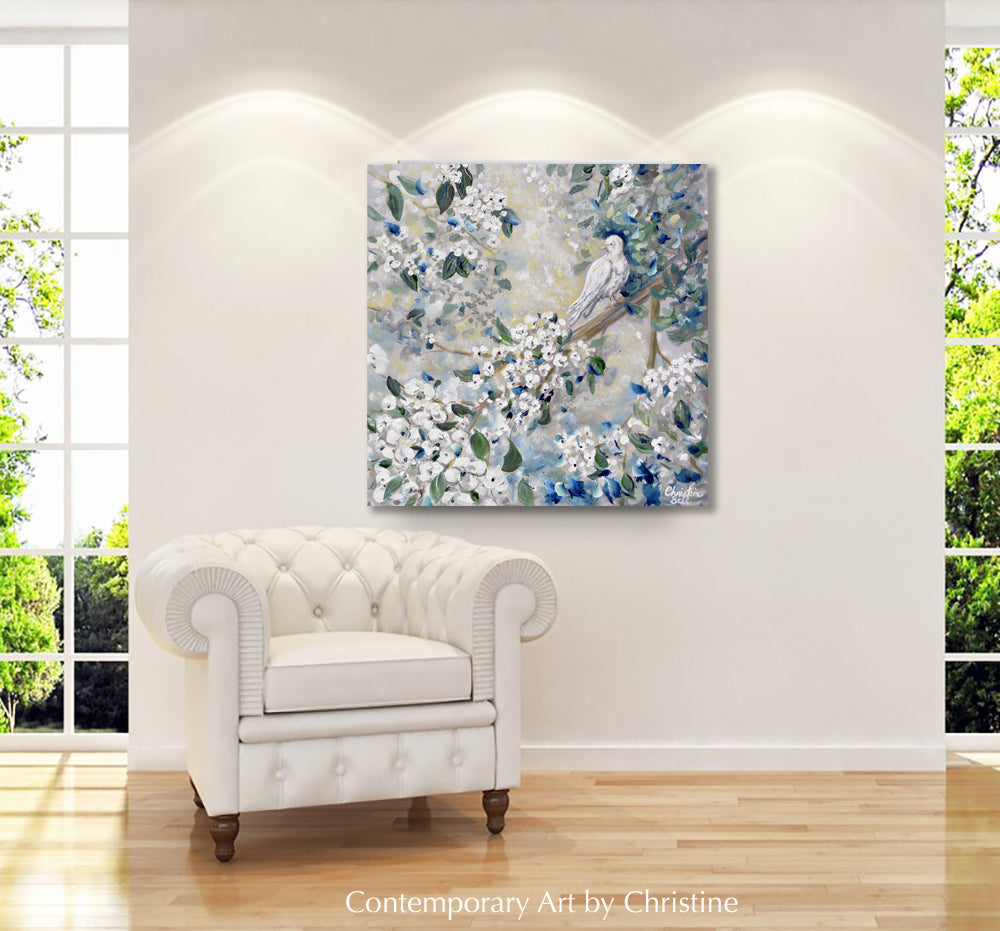 "Pure Peace" ORIGINAL Art Abstract Floral Flowers Painting White Cherry Blossoms White Dove 24x24"