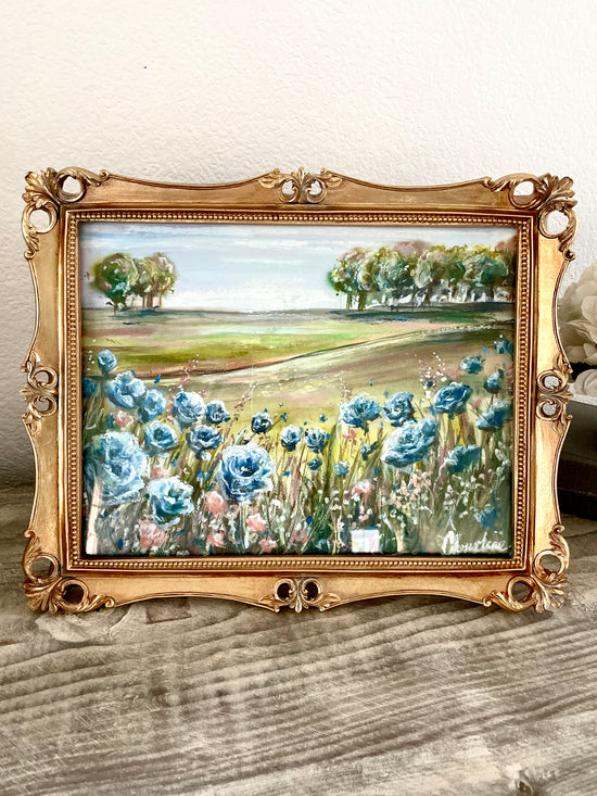 Load image into Gallery viewer, &amp;quot;My Wildflower Field&amp;quot; FRAMED ORIGINAL Art Landscape Oil Painting Modern Impressionism Blue Green Floral Vintage Gold Frame 18x15&amp;quot;
