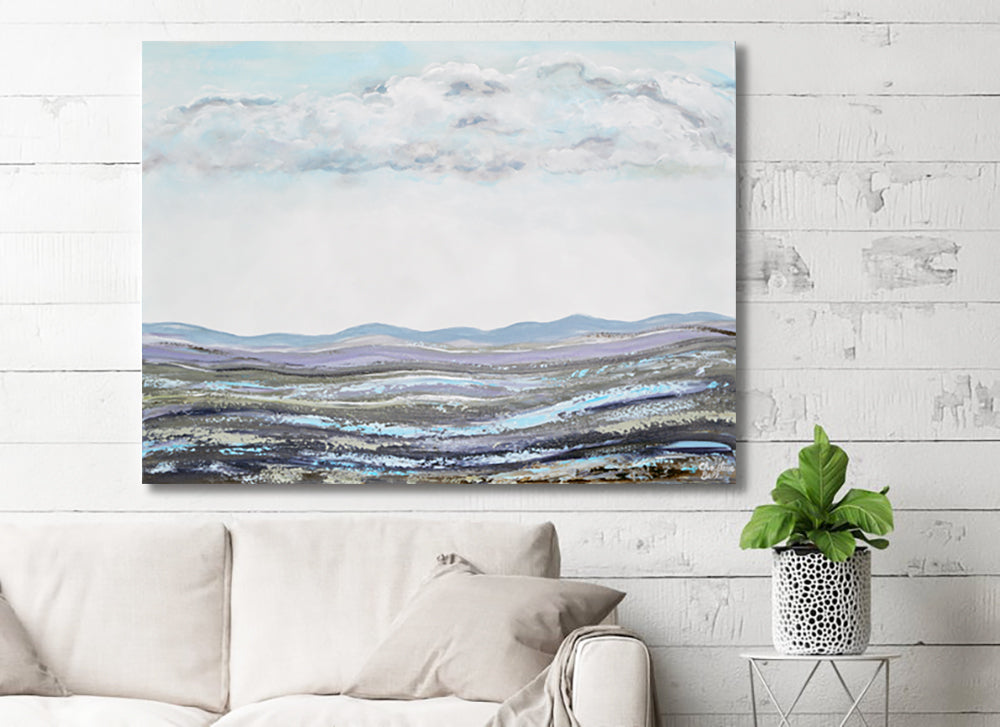 Load image into Gallery viewer, &amp;quot;Lavender Highlands&amp;quot; ORIGINAL Art Abstract Landscape Painting Expressionistic Lavender Clouds Green Meadow Field Trees 40x30&amp;quot;
