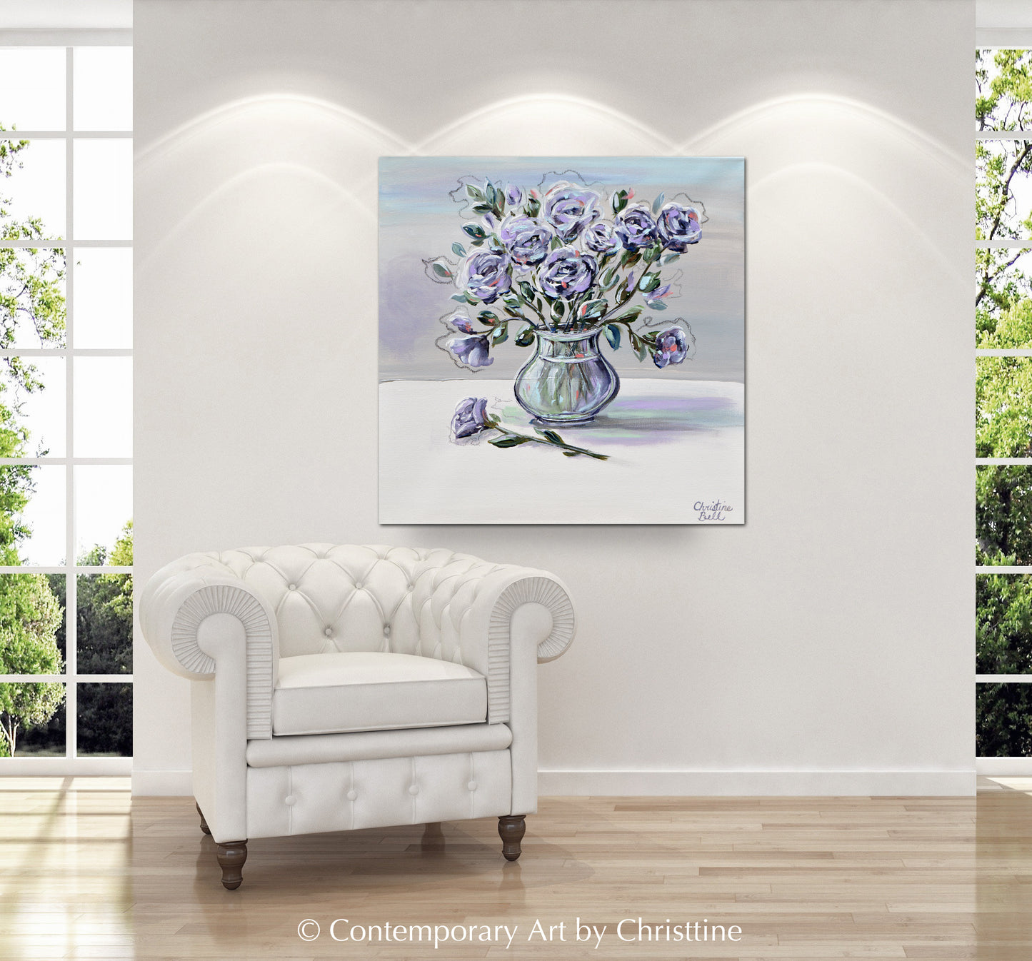 Load image into Gallery viewer, &amp;quot;Blossoming Dreams&amp;quot; ORIGINAL Art Abstract Floral Lavender Flowers Painting Expressionist Rose Bouquet Vase Wall Decor 20x20&amp;quot;
