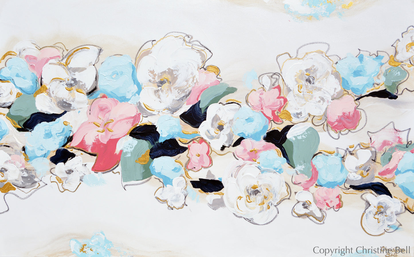 "Live Life in Full Bloom" ORIGINAL Art Abstract Floral Painting Blue Pink White Modern Flowers Wall Art XL 48x30"