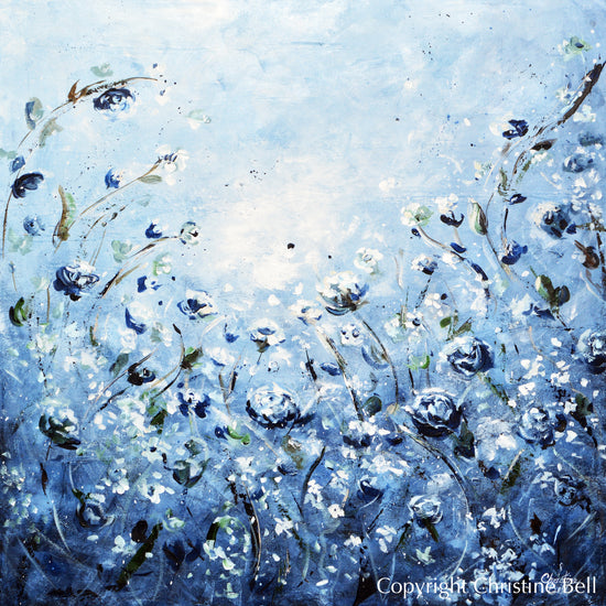 Load image into Gallery viewer, &amp;quot;Moonlight Symphony&amp;quot; ORIGINAL Art Abstract Floral Painting Blue White Flowers 36x36&amp;quot;

