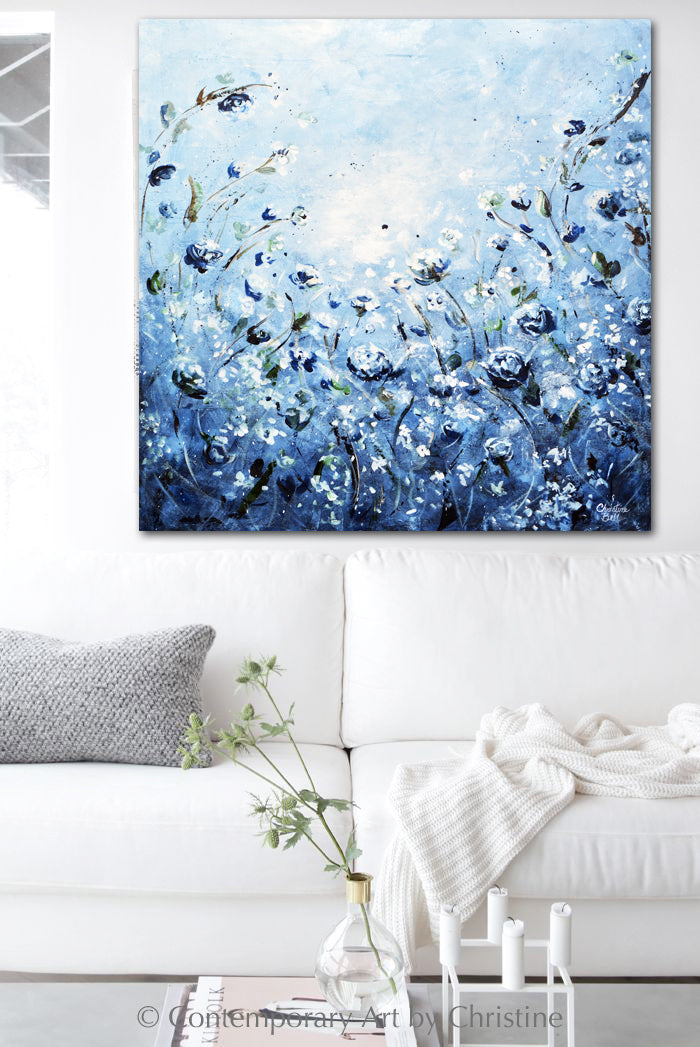 ORIGINAL Art Abstract Floral Flowers Painting Blue White Home Wall Art ...