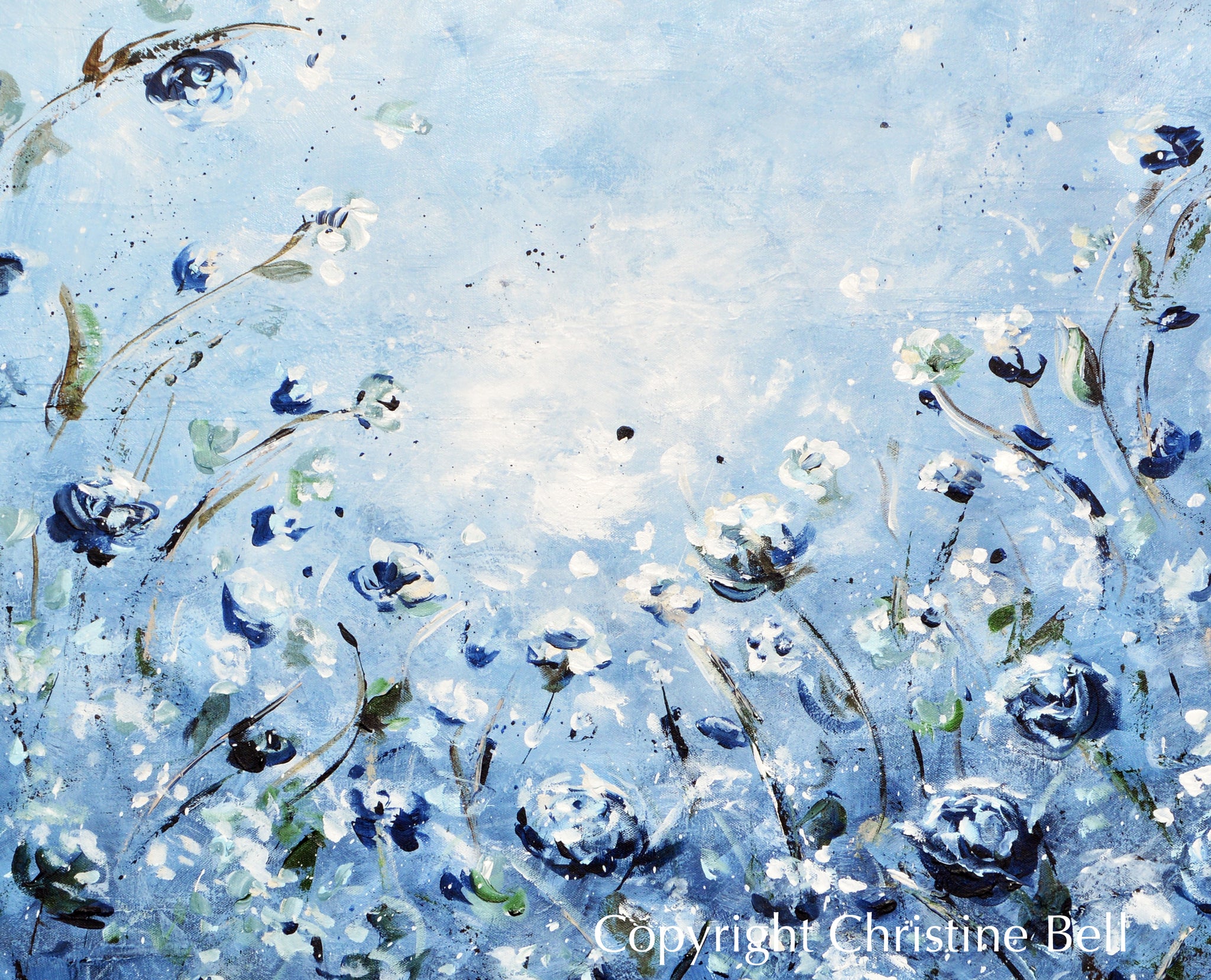 ORIGINAL Art Abstract Floral Flowers Painting Blue White Home Wall Art ...