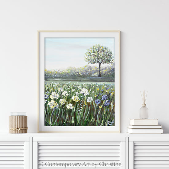 Load image into Gallery viewer, &amp;quot;A Place of Peace II&amp;quot; GICLEE PRINT Art Floral Landscape Painting Green Blue White Flowers Meadow Tree Vertical Wall Art
