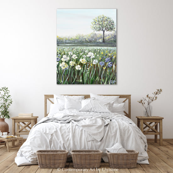 Load image into Gallery viewer, &amp;quot;A Place of Peace II&amp;quot; GICLEE PRINT Art Floral Landscape Painting Green Blue White Flowers Meadow Tree Vertical Wall Art
