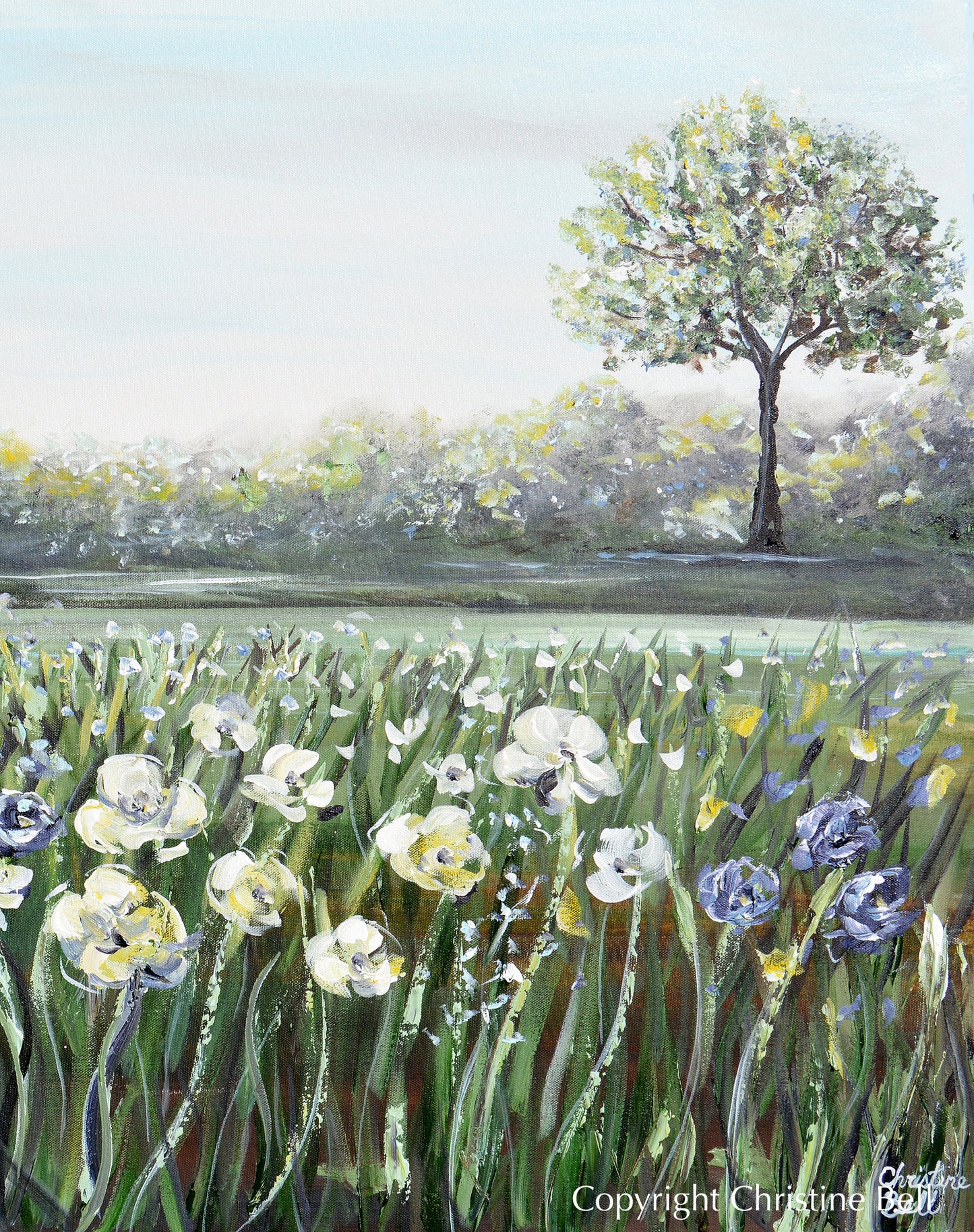 "A Place of Peace II" GICLEE PRINT Art Floral Landscape Painting Green Blue White Flowers Meadow Tree Vertical Wall Art