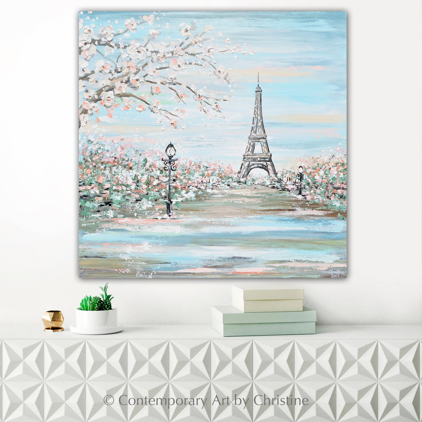 "Amour de Paris" ORIGINAL Art Paris Painting Eiffel Tower Romantic Cherry Trees Textured Cityscape 36x36""