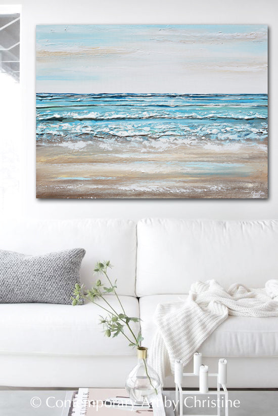 "Float with the Tide" ORIGINAL Art Coastal Abstract Painting Textured Ocean Beach Aqua Blue Beige 40x30"