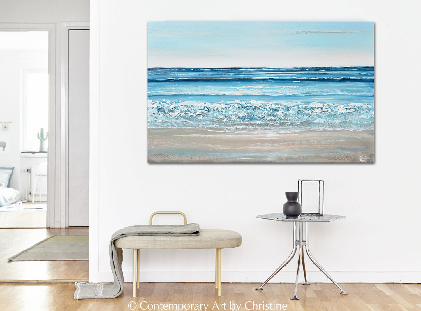 "Sparkling Sea" ORIGINAL Art Coastal Abstract Painting Ocean Textured Waves Blue Beach 48x30"