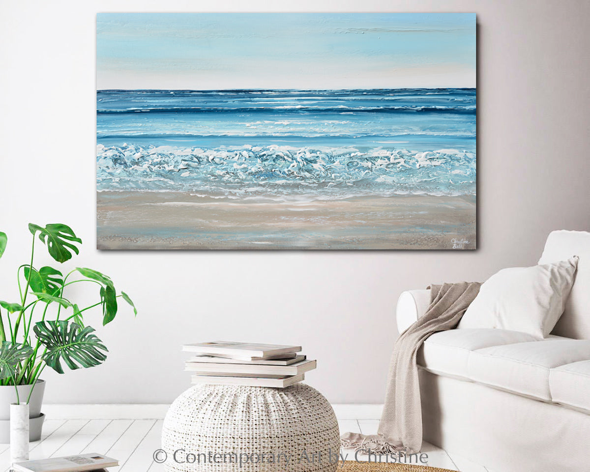 ORIGINAL Abstract Beach Painting Textured Ocean Coastal Blue Art Decor ...