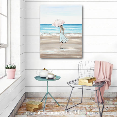 "Just a Beach Girl at Heart" GICLEE PRINT Art Painting Woman with Pink Umbrella Beach Ocean