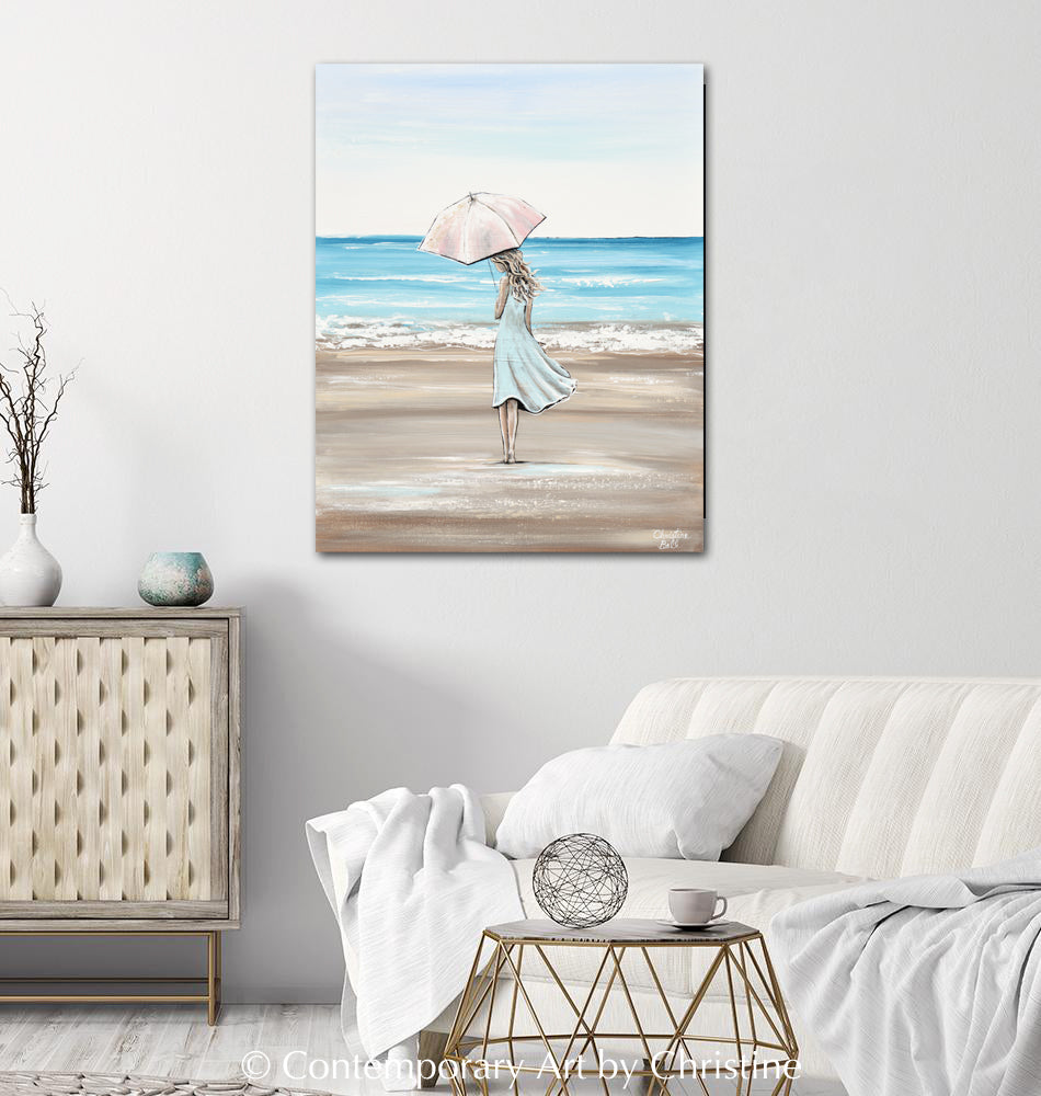 "Just a Beach Girl at Heart" ORIGINAL Art Painting Woman with Pink Umbrella Beach Ocean 24x30"