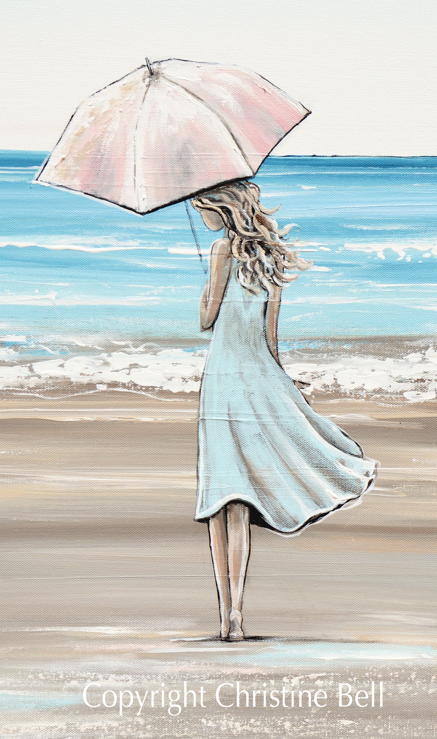 "Just a Beach Girl at Heart" GICLEE PRINT Art Painting Woman with Pink Umbrella Beach Ocean