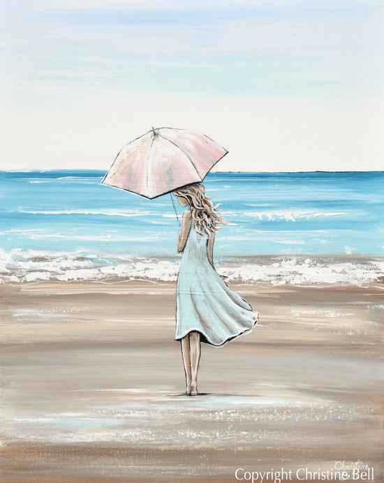 "Just a Beach Girl at Heart" ORIGINAL Art Painting Woman with Pink Umbrella Beach Ocean 24x30"
