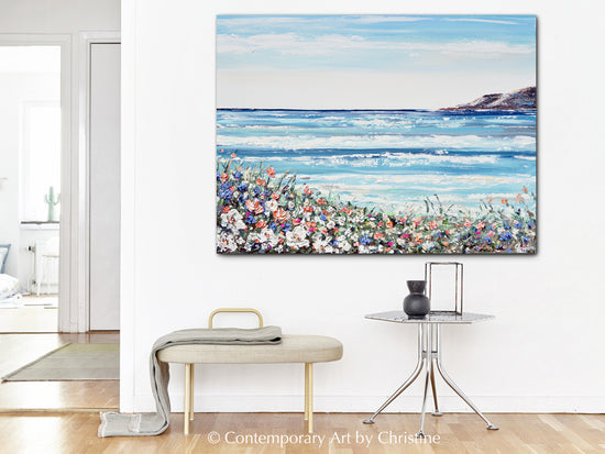 "La Jolla Cove" ORIGINAL Art Coastal Abstract Painting Textured Ocean Beach Wildflowers Seascape 40x30"