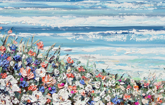 "La Jolla Cove" ORIGINAL Art Coastal Abstract Painting Textured Ocean Beach Wildflowers Seascape 40x30"
