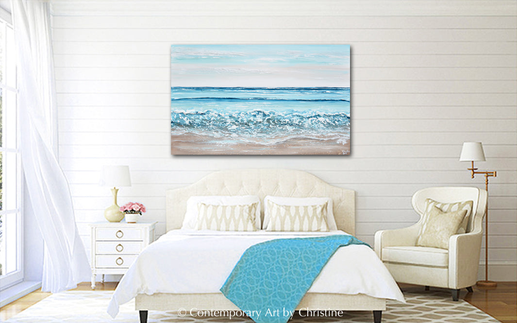ORIGINAL Abstract Beach Painting Textured Coastal Blue Ocean Art Decor ...
