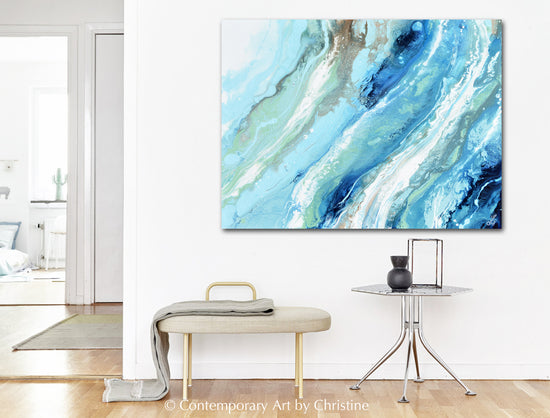 "Pacific Blue" ORIGINAL Art Blue White Turquoise Coastal Abstract Painting Marbled Coastal Wall Art 40x30"