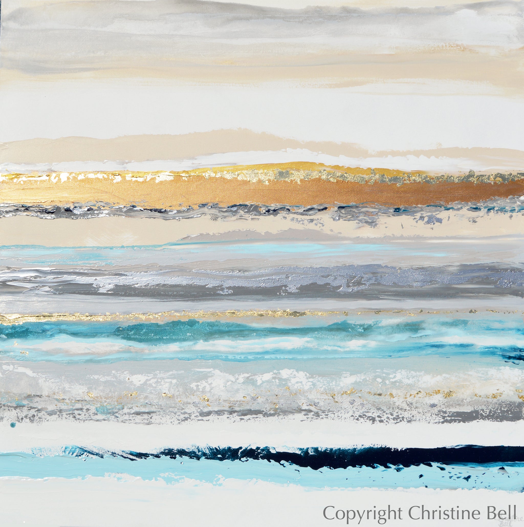 ORIGINAL Art Blue White Coastal Abstract Painting Gold Leaf Home Decor ...