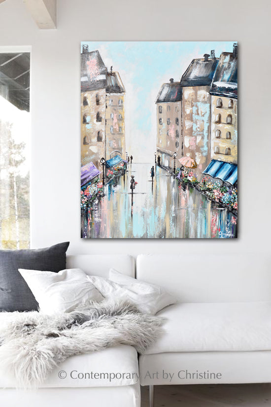 "The Flower Market" ORIGINAL Art Abstract Painting Paris Cityscape Modern Impressionism Floral Figurative Umbrella 24x30"