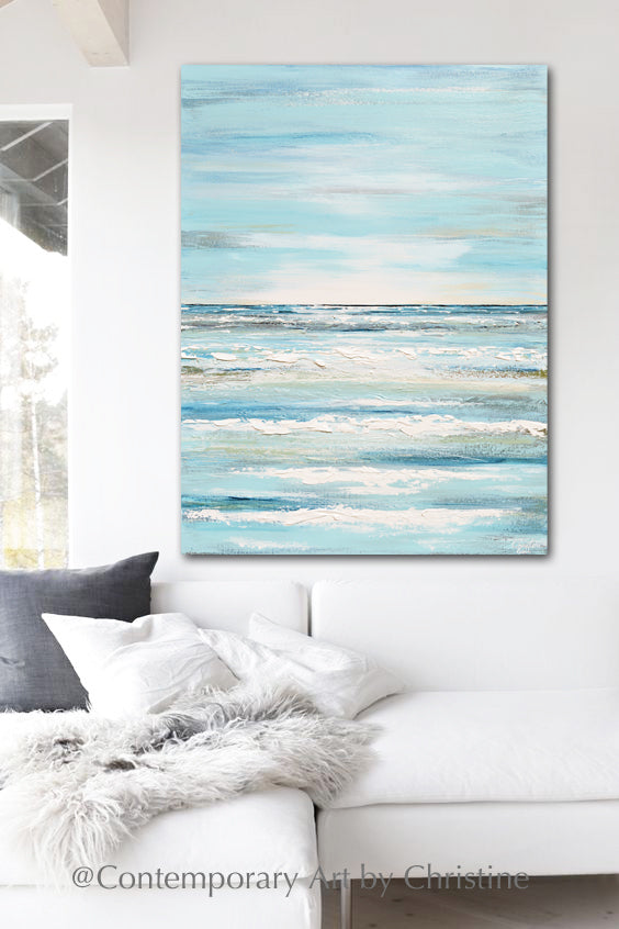 "Upon the Waves" ORIGINAL Art Coastal Abstract Painting Textured Light Aqua Blue Teal White 30x40"