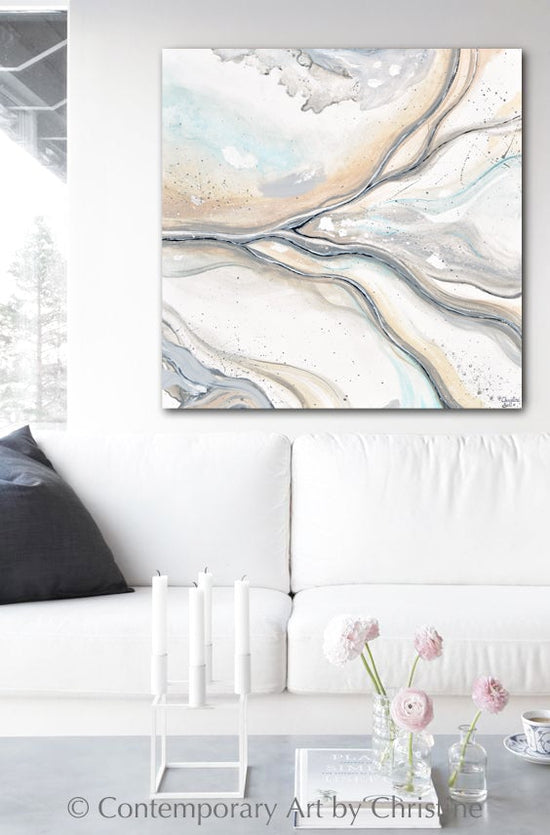 "Coastal Visions" Giclee Print Fine Art Neutral Coastal Abstract Painting White Beige Grey Aqua Square Canvas