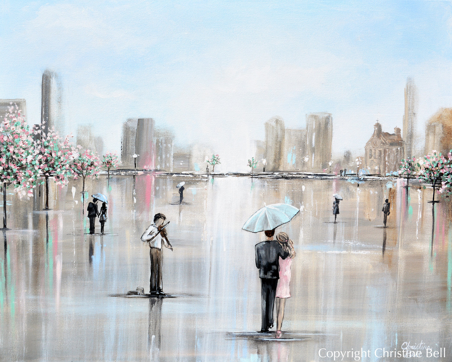 Load image into Gallery viewer, &amp;quot;Date Night&amp;quot; ORIGINAL Art Painting Couple Umbrella Rain Cityscape Romantic City Scene 30x24&amp;quot;
