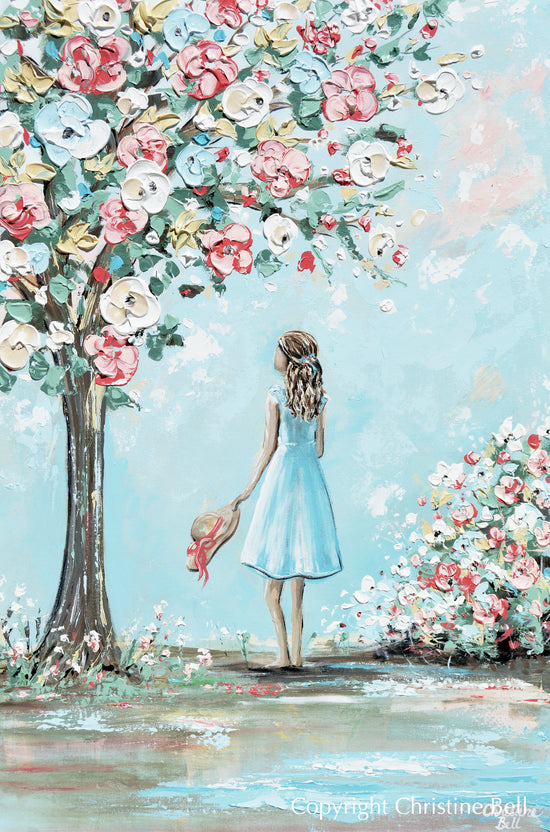 "Her English Garden" ORIGINAL Art Painting Girl Flowers Garden Blossoming Tree Textured Floral Figurative 24x36"