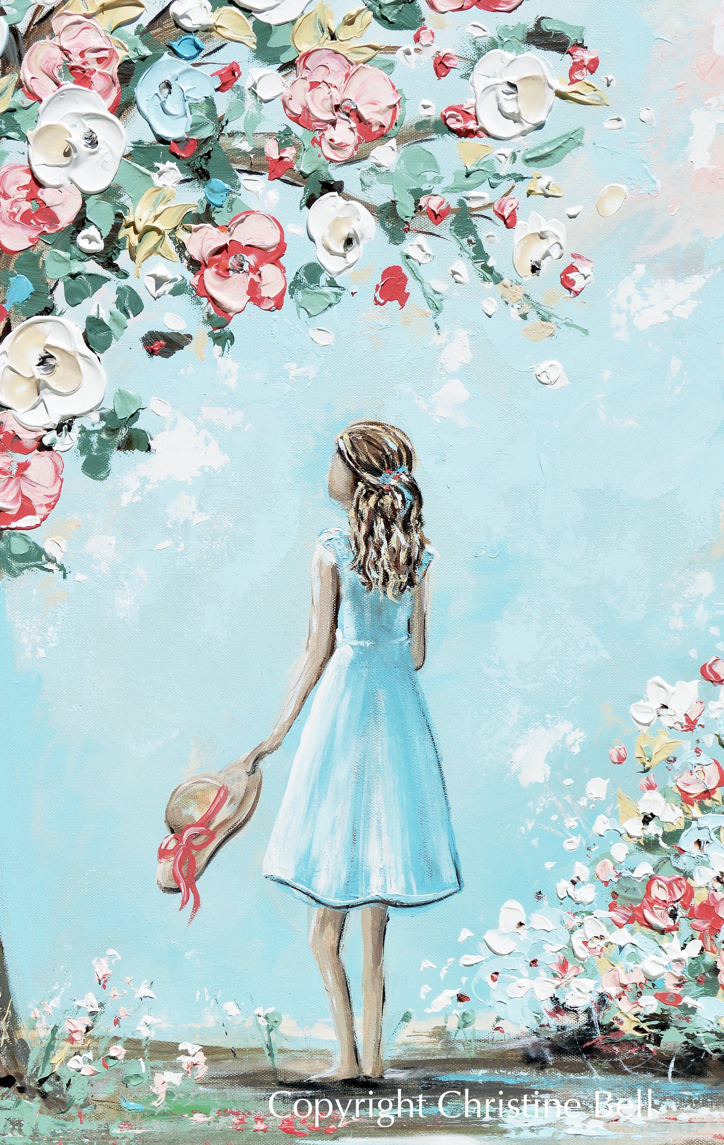 "Her English Garden" ORIGINAL Art Painting Girl Flowers Garden Blossoming Tree Textured Floral Figurative 24x36"