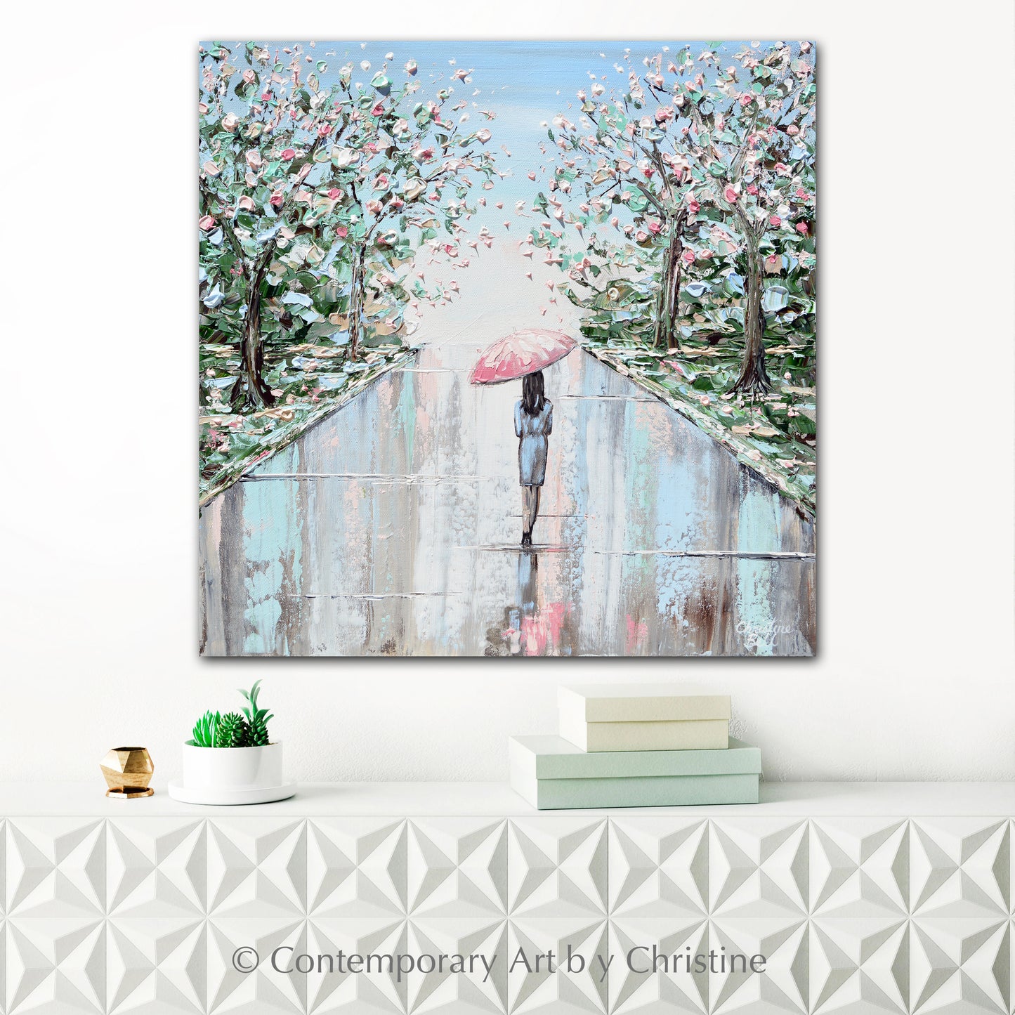 "Joyful Solitude" ORIGINAL Art Painting Woman with Pink Umbrella Cherry Trees Textured Cityscape 24x24"