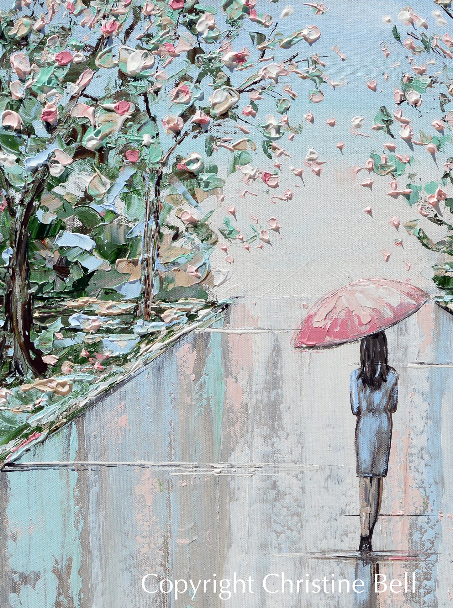 "Joyful Solitude" ORIGINAL Art Painting Woman with Pink Umbrella Cherry Trees Textured Cityscape 24x24"