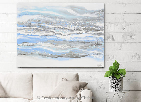 "Whispers of Hope" ORIGINAL Art Powder Blue White Coastal Abstract Painting Marbled Coastal Wall Art XL 48x36""