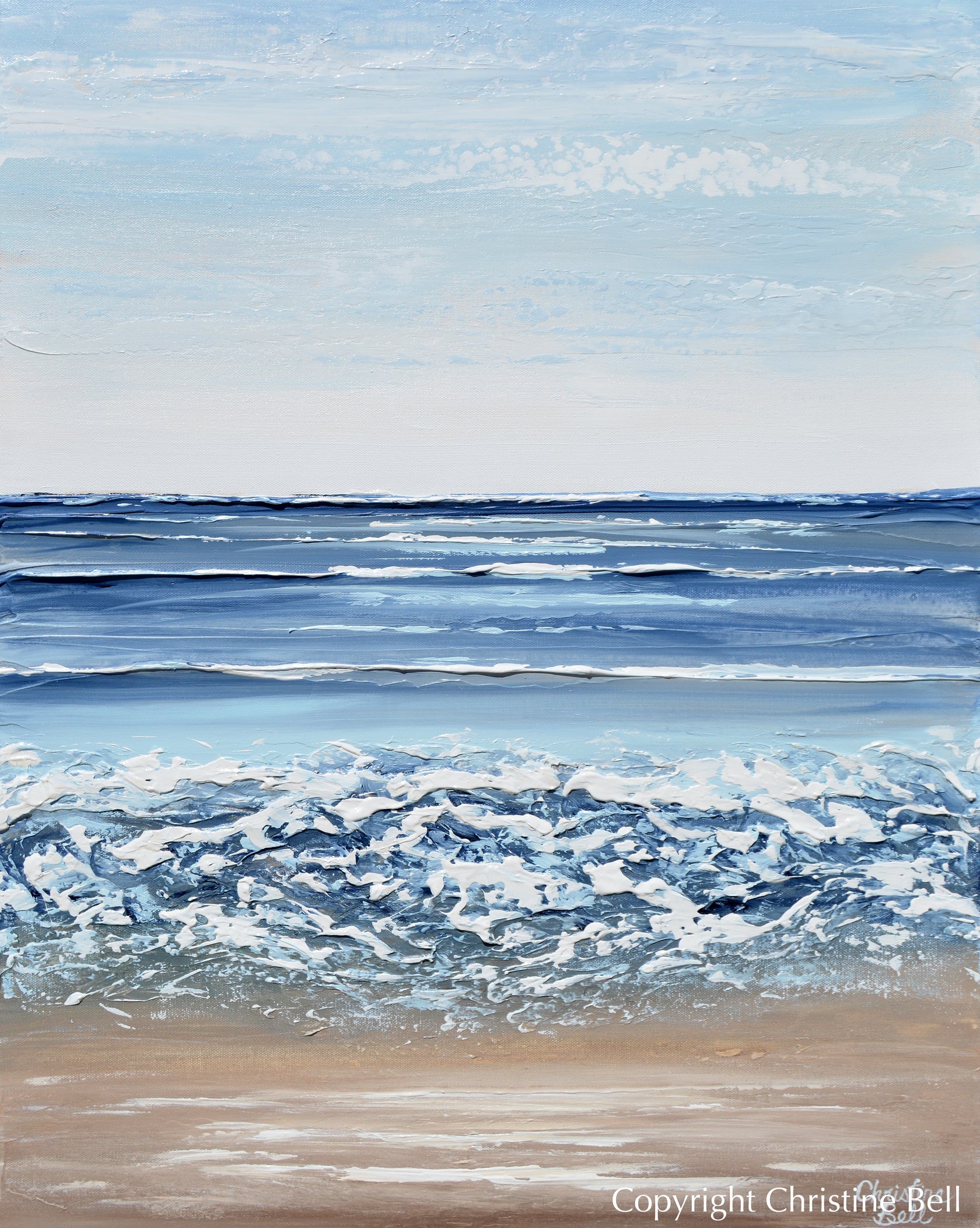 ORIGINAL Abstract Beach Painting Textured Coastal Blue Ocean Art Decor ...