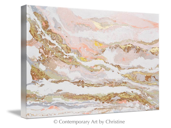 Load image into Gallery viewer, &amp;quot;That Rosy Glow&amp;quot; GICLEE PRINT Art Pink White Gold Beige Coastal Abstract Painting Marbled Coastal Wall Art
