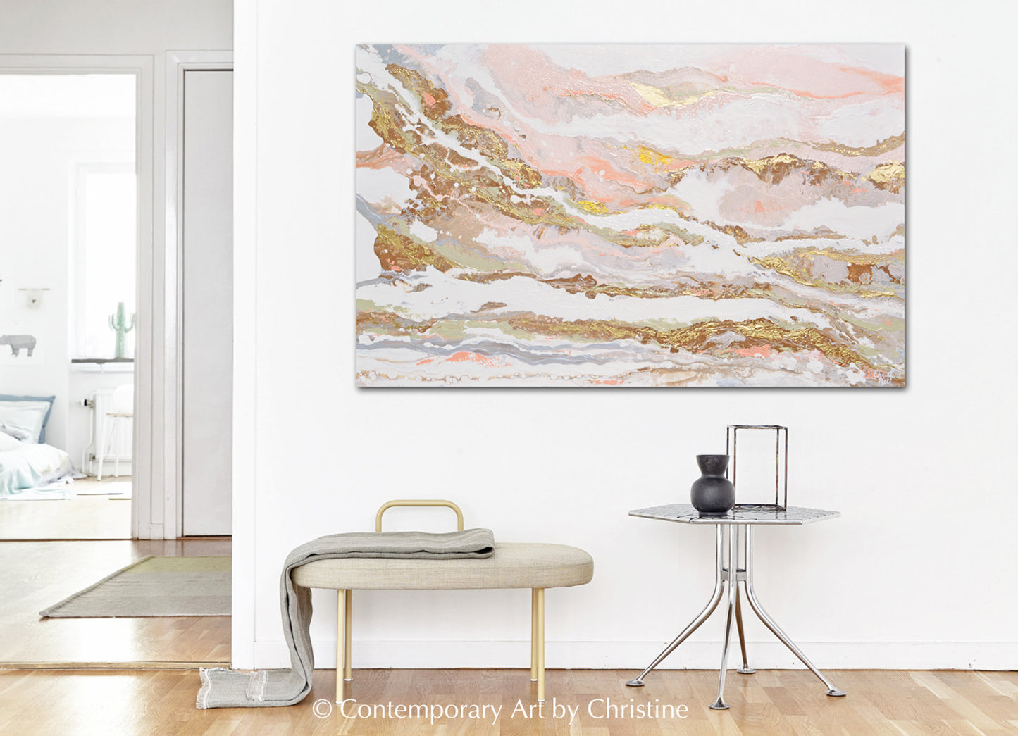 "That Rosy Glow" ORIGINAL Art Pink White Gold Beige Coastal Abstract Painting Marbled Coastal Wall Art 48x30"