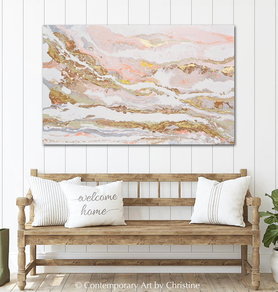"That Rosy Glow" ORIGINAL Art Pink White Gold Beige Coastal Abstract Painting Marbled Coastal Wall Art 48x30"
