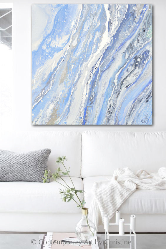"Sea Dreams" ORIGINAL Art Powder Blue White Coastal Abstract Painting Marbled Coastal Wall Art 24x24"